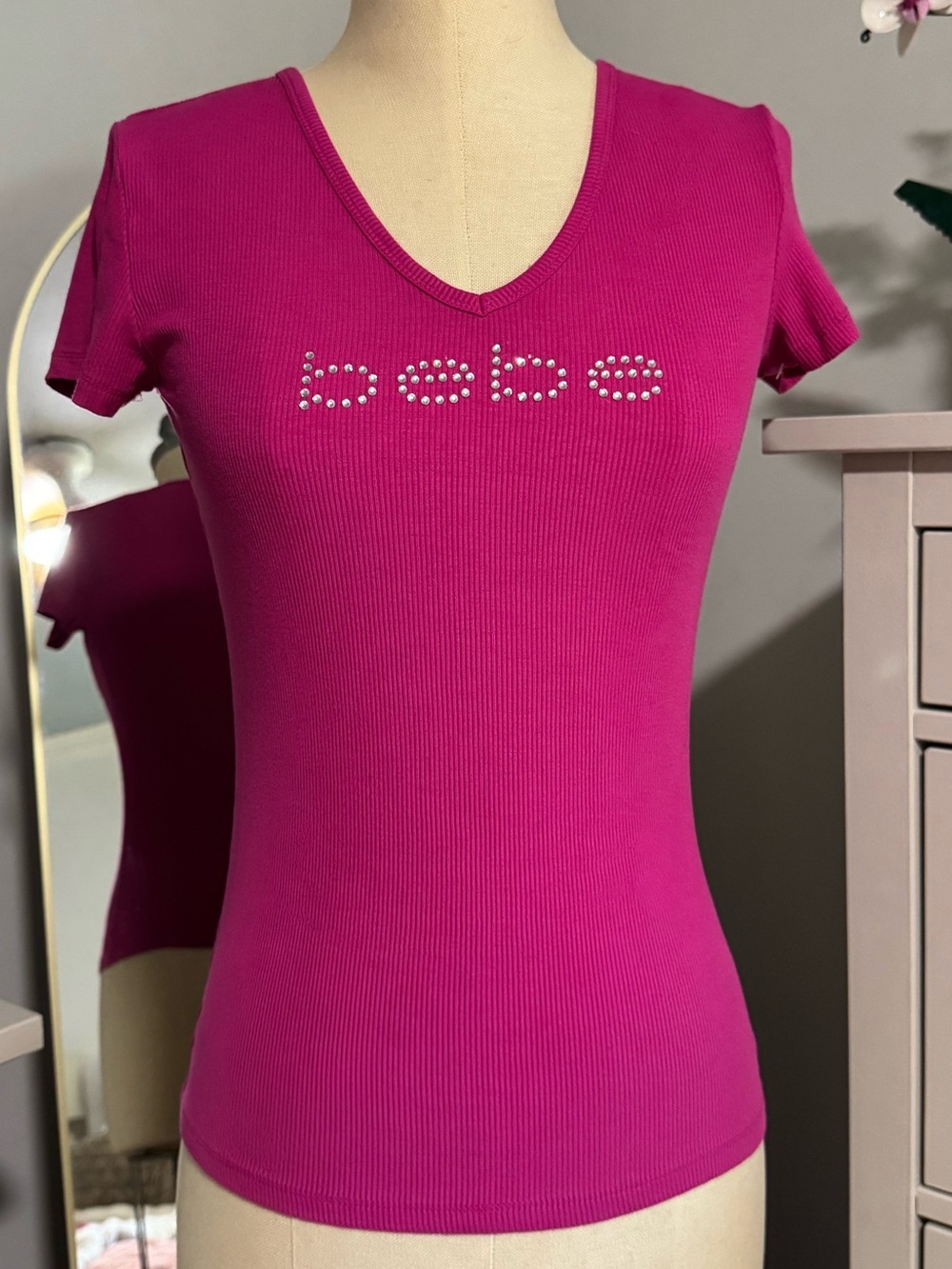 bebe Rhinestone Logo Top Hot Pink Ribbed V-Neck Size S